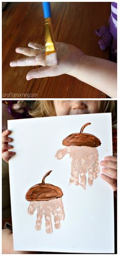 Handprint Acorn Art Project. Preschool crafts for France - Discuss the 'Chapel Oaks' they have scattered around France, and that church really can be 'anywhere'. Daycare Crafts, Classroom Crafts, Baby Crafts, Crafts For Babies, Crafts For Kids To Make, Kids Crafts, Art For Kids, Fall Art For Toddlers, Autumn Art Ideas For Kids