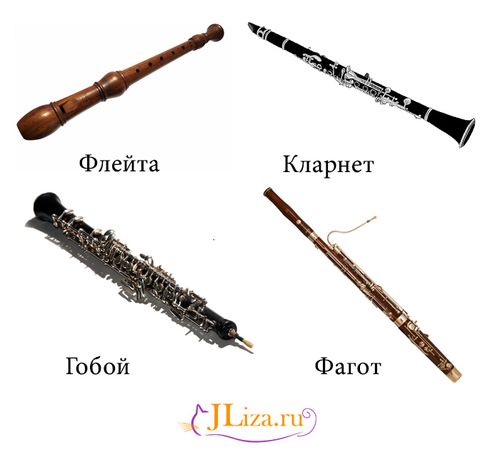 Духовые деревянные инструменты - флейта, кларнет, гобой, фагот