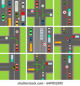Set of situations on road. Traffic laws govern traffic and regulate vehicles. Rules of road. Car breaks traffic rules. Overtaking is forbidden or permitted. Breakdown of traffic organization. 