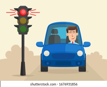 The car stopped at a red traffic light and the driver waits for a green light to come on. Compliance with traffic regulations. Vector illustration, flat design, cartoon style.