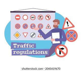 Driving school composition with flat teacher regulations and road signs vector illustration