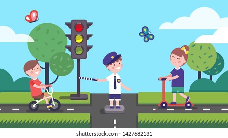 Girl, boy riding bicycle and scooter, kid officer directing traffic at crossroads & traffic light. Smiling children learning road rules playing drivers & traffic controller. Flat vector illustration