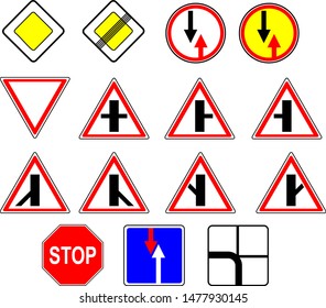 Isolated. Vector. Road sign. Priority signs. Main and secondary roads. Priority, direction. Traffic regulations.