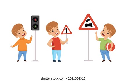 Little Boy Pedestrian Learning Road Sign and Traffic Rule Vector Set