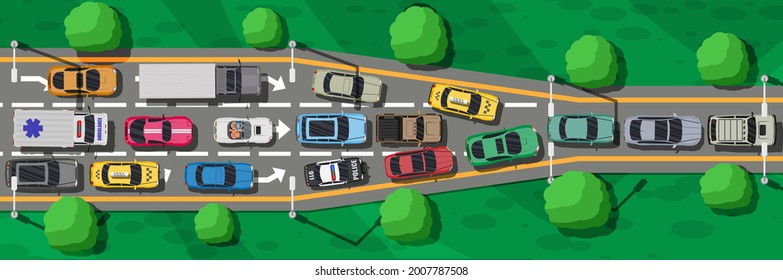 Road Highways with Many Different Vehicles in Traffic Jam. Narrowing or Bottleneck on Road Top View. Map of Cars. Urban Transport. Traffic Regulations. Rules of Road. Vector Illustration in Flat Style