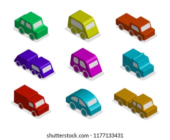 Set of 3d Isometric Toy Car Vector Icons with Various Perspective and Different Directions. Blue Glossy Vehicle Symbols or Automobile Signs Collection Isolated for Traffic Regulations Illustration