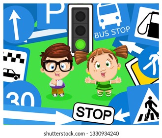 Smiling girl and boy stand between blue road signs, traffic light, crosswalk on green background. Concept of education highway code, traffic regulations and law by children. Cartoon illustration.