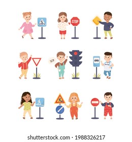Smiling Kid Characters Learning Road Signs and Traffic Rules Vector Illustration Set