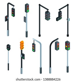 Traffic lights icons set. Isometric set of traffic lights vector icons for web design isolated on white background