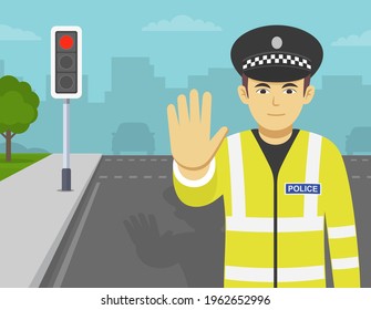 Traffic officer makes a stop gesture with his hand. City road with traffic light. Front view. Flat vector illustration template.