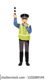 Traffic policeman regulates traffic. Road inspector. Vector illustration