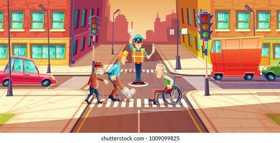 Vector illustration of crossing guard adjusting transport moving, city crossroads with pedestrians, disabled people. Urban highway regulation, crosswalk with traffic lights, machines