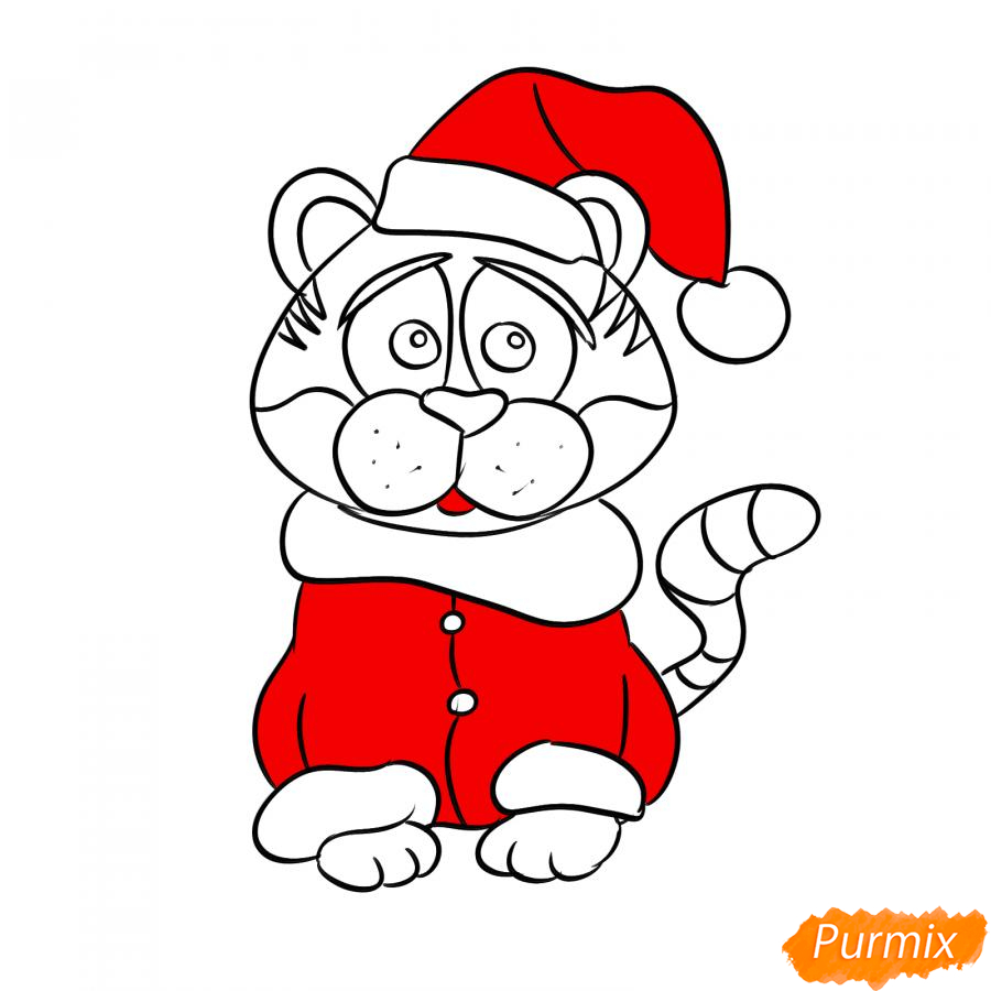 Рисуем тигра в костюме Деда Мороза - шаг 7