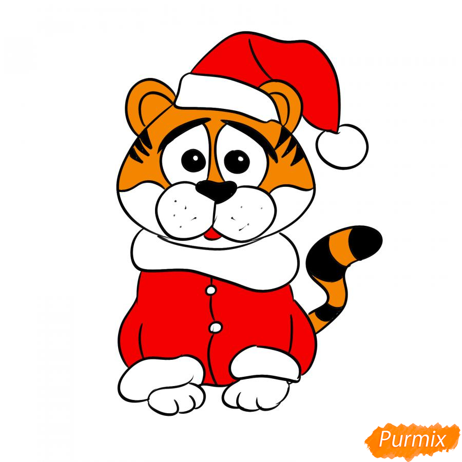 Рисуем тигра в костюме Деда Мороза - шаг 8