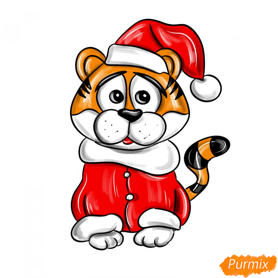 Рисуем тигра в костюме Деда Мороза - шаг 9