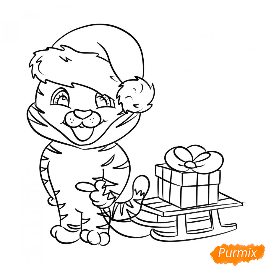 Рисуем тигрёнка с санками - шаг 5