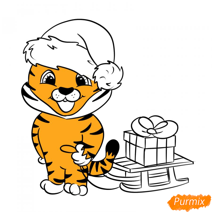 Рисуем тигрёнка с санками - шаг 6