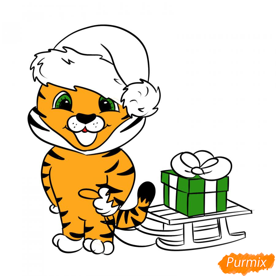 Рисуем тигрёнка с санками - шаг 7