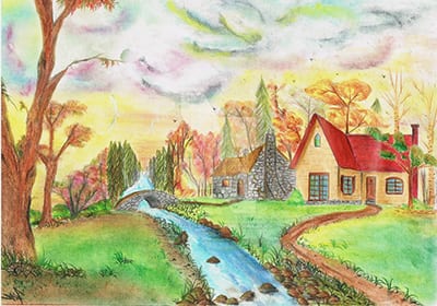 Осенние домики на берегу ручья