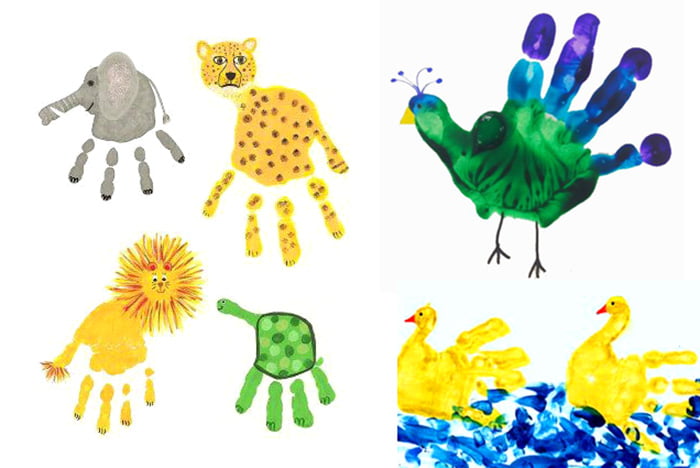 Животные, нарисованные с помощью отпечатков ладоней